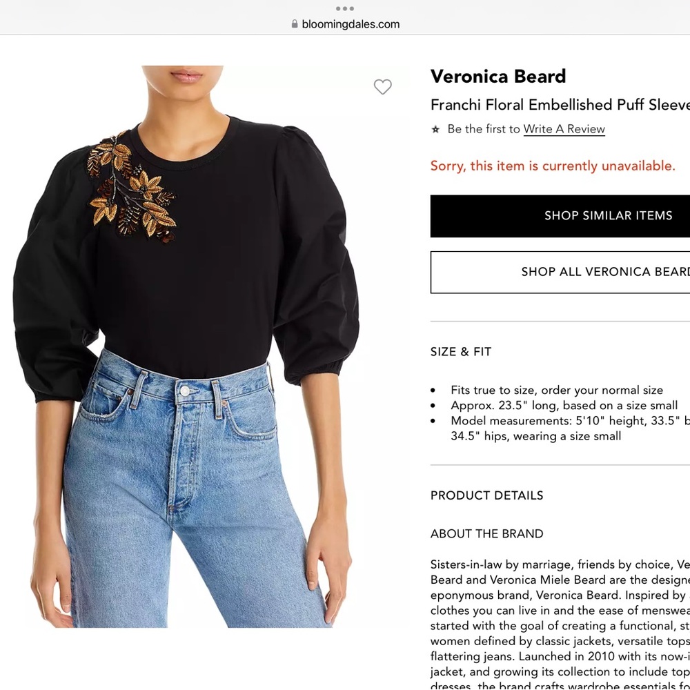 Veronica Beard, franchi floral embellished top with puff sleeves, size XS